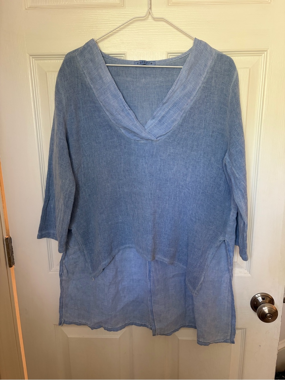 Light Blue V-Neck Linen Blend Tunic Top